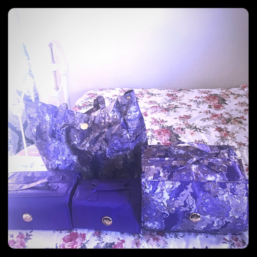 Large purple paisley tote with three makeup cases